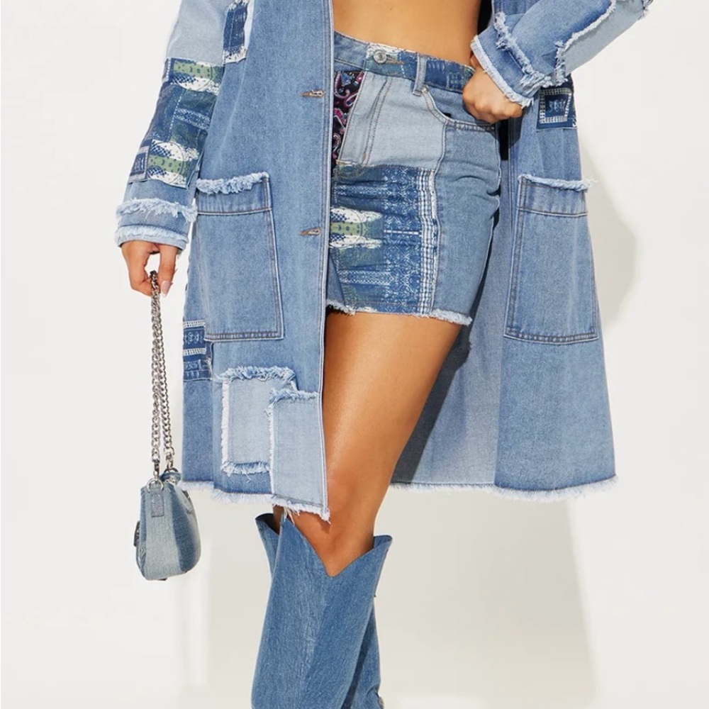 Fashion Nova Paisley Patchwork Denim Skirt Set - Medium Wash